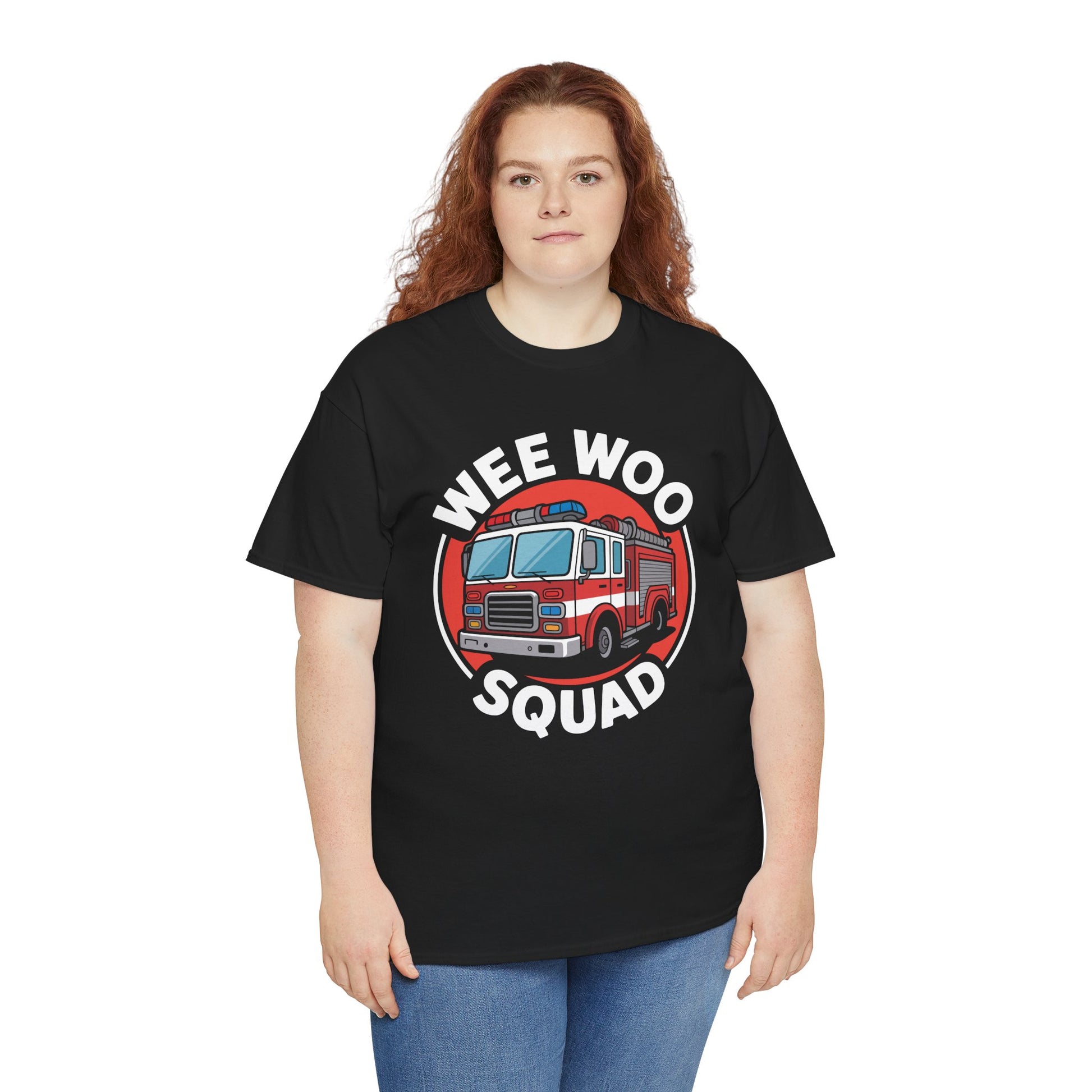 “Female model wearing Teezoca Wee Woo Squad firefighter shirt, cute fire truck graphic, black unisex tee, front.”

