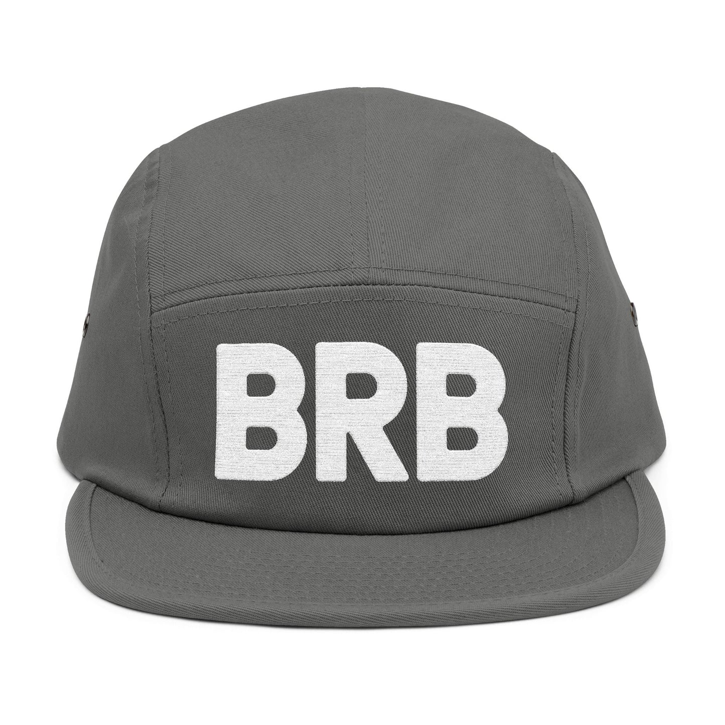 Gray cap with 'BRB' on a white background. Simple BRB typography graphic in clean white. TEEZOCA