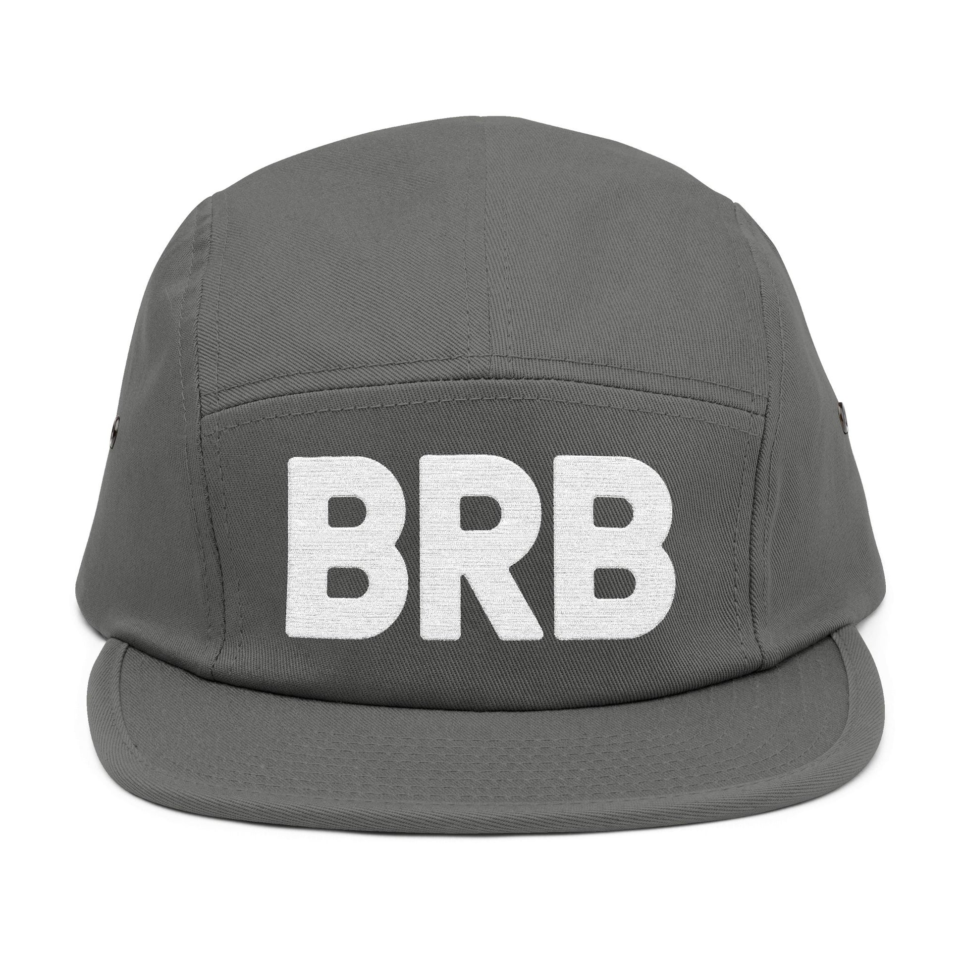 Gray cap with 'BRB' on a white background. Simple BRB typography graphic in clean white. TEEZOCA