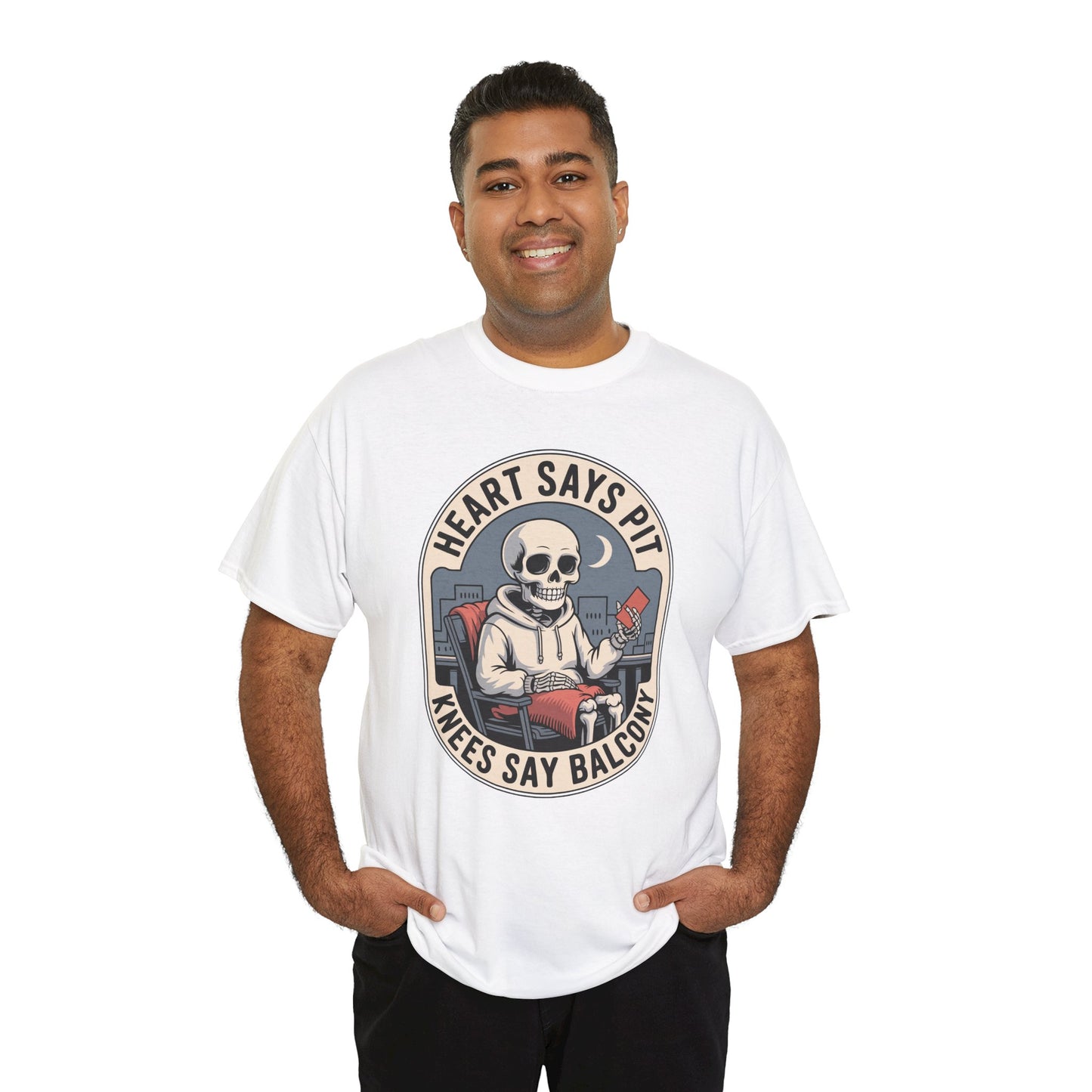 Heart Says Pit Knees Say Balcony Tee – Skeleton  Funny Concert Humor T‑Shirt