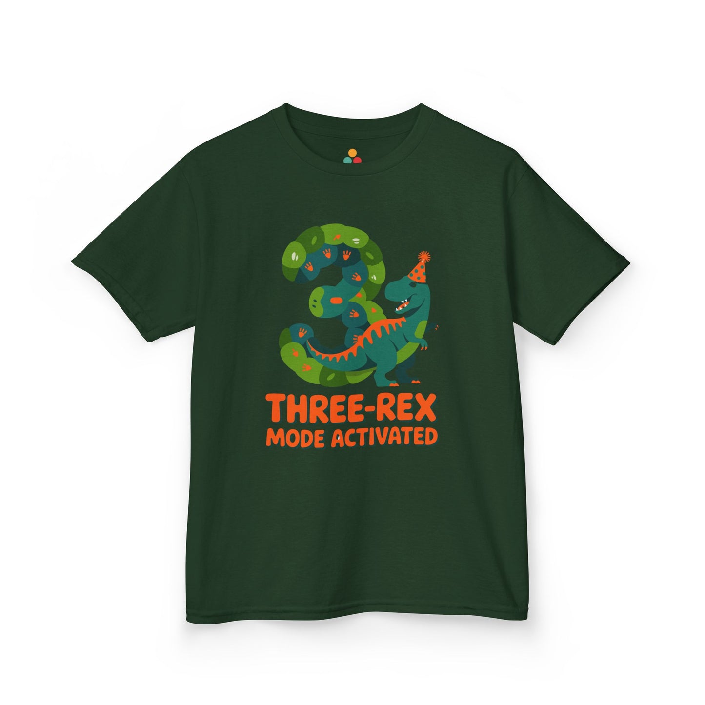Navy kids' t‑shirt with colorful green T‑Rex wearing party hat, confetti, and "Three-Rex Mode Activated" text, flat front view.
