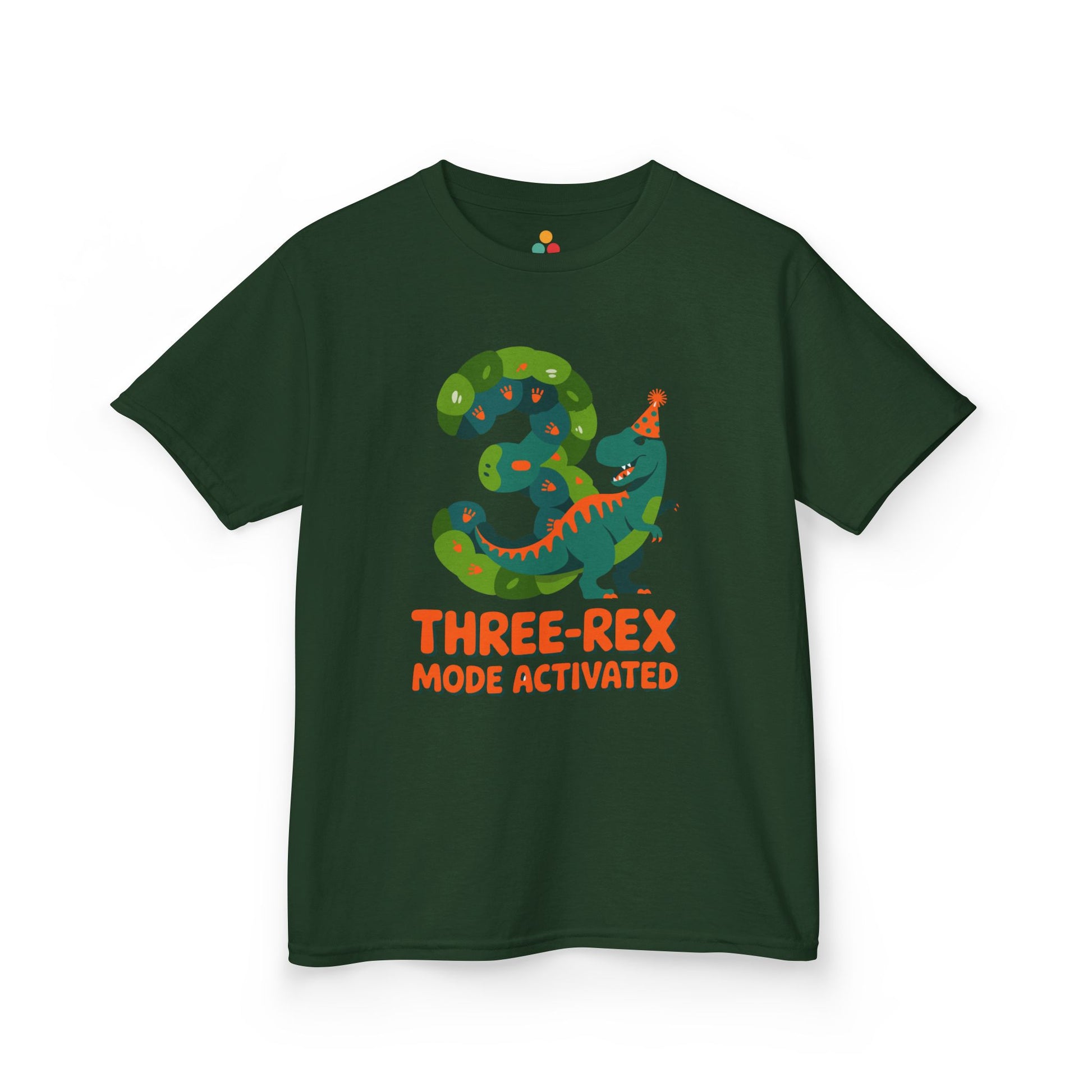 Navy kids' t‑shirt with colorful green T‑Rex wearing party hat, confetti, and "Three-Rex Mode Activated" text, flat front view.