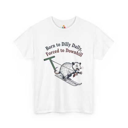 Opossum Skiing Graphic T-Shirt - "Born to Dilly Dally, Forced to Downhill" Funny Winter Tee | TEEZOCA 
