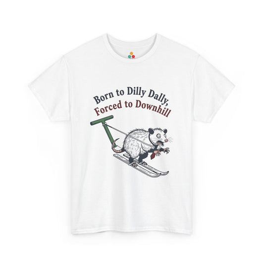 Opossum Skiing Graphic T-Shirt - "Born to Dilly Dally, Forced to Downhill" Funny Winter Tee | TEEZOCA 