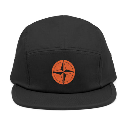 Black cap with an orange logo on a white background. minimalist compass star icon embroidered design for 5-panel cap by TEEZOCA