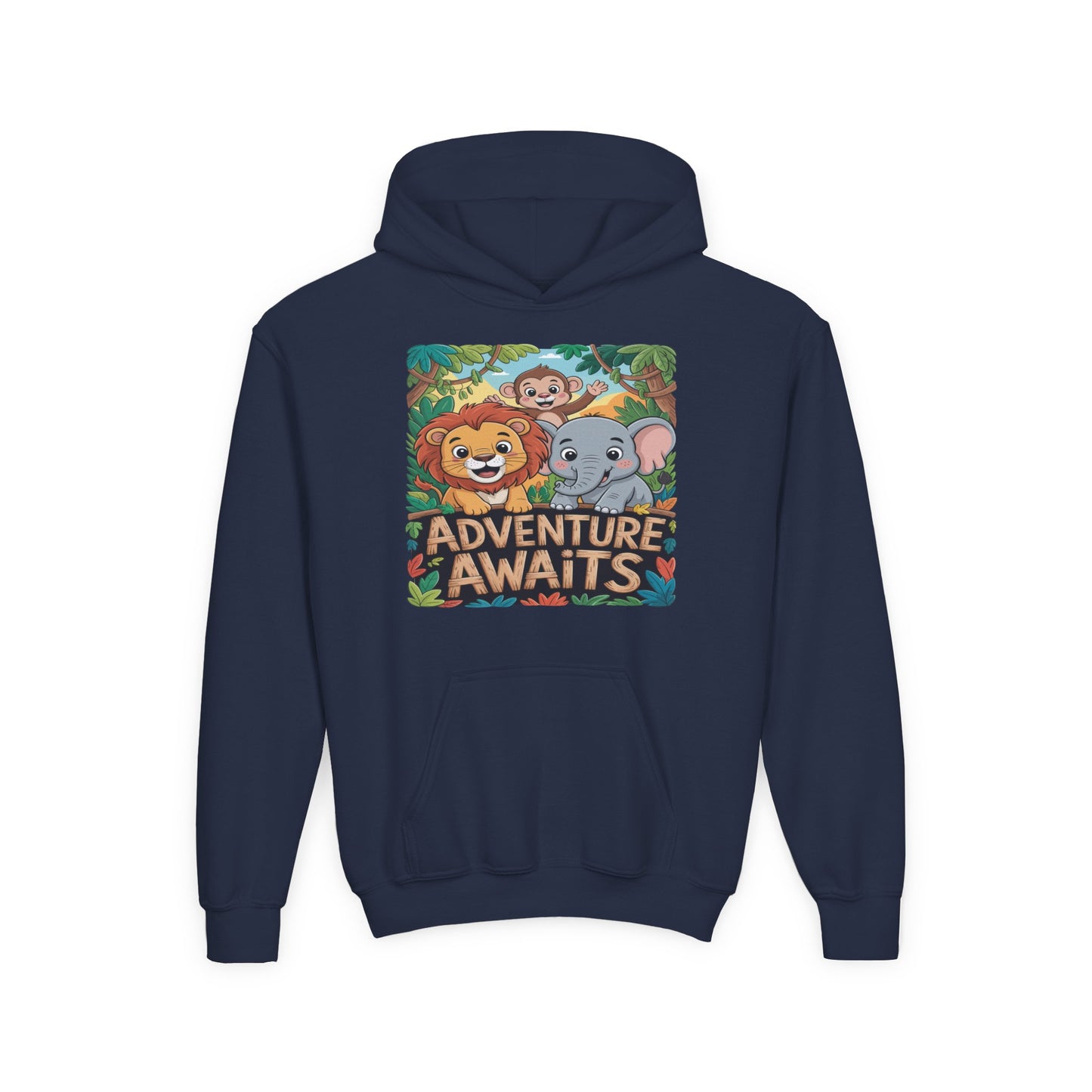 Children’s DTG hoodie featuring lion elephant monkey jungle design TEEZOCA