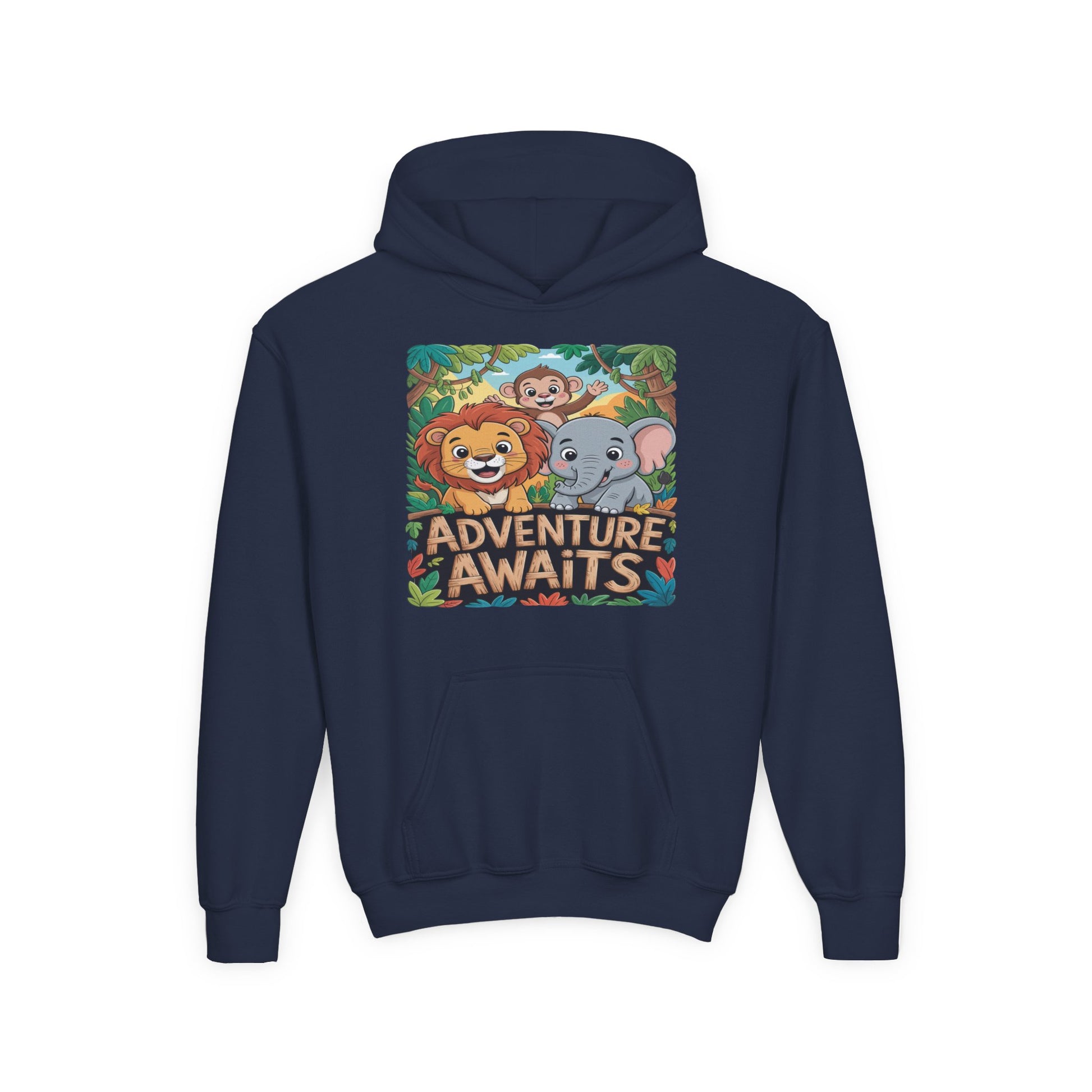 Children’s DTG hoodie featuring lion elephant monkey jungle design TEEZOCA