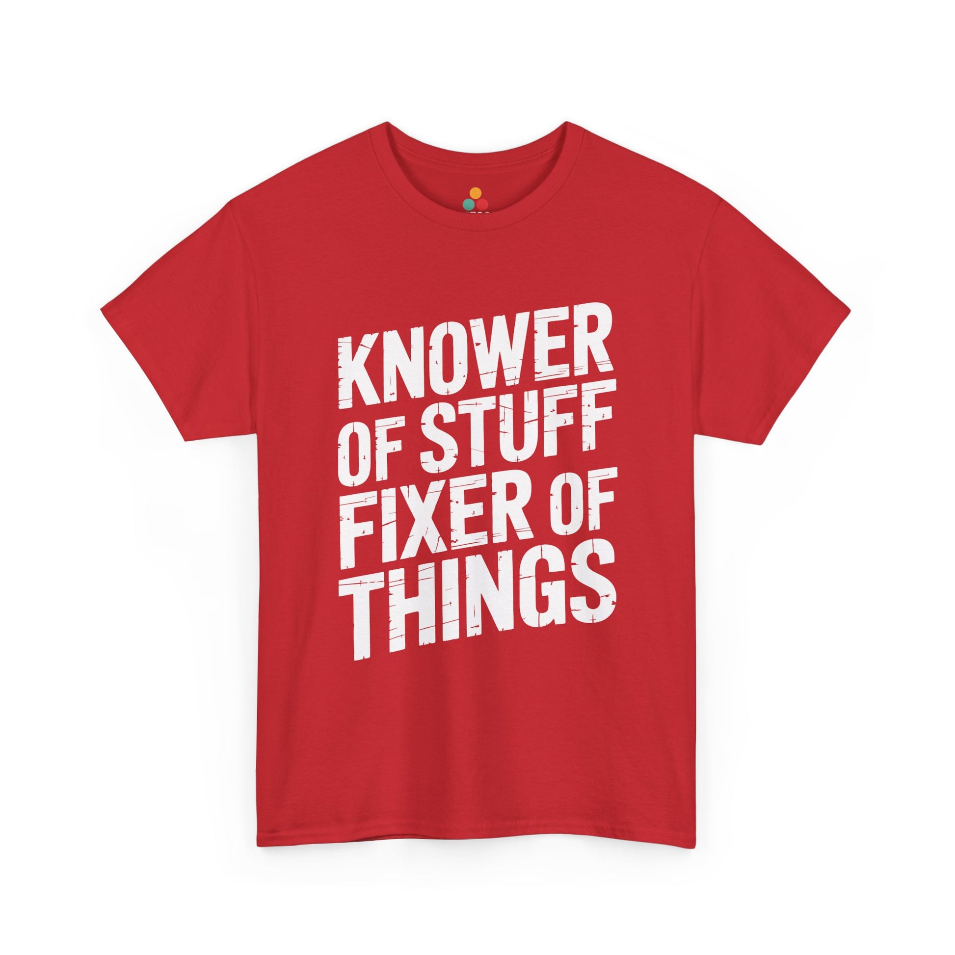 TEEZOCA Funny Father's Day Shirt. Red t-shirt with white text 'KNOWER OF STUFF FIXER OF THINGS' on a white background