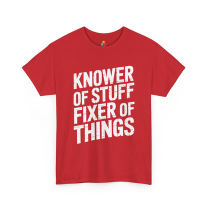 TEEZOCA Funny Father's Day Shirt. Red t-shirt with white text 'KNOWER OF STUFF FIXER OF THINGS' on a white background