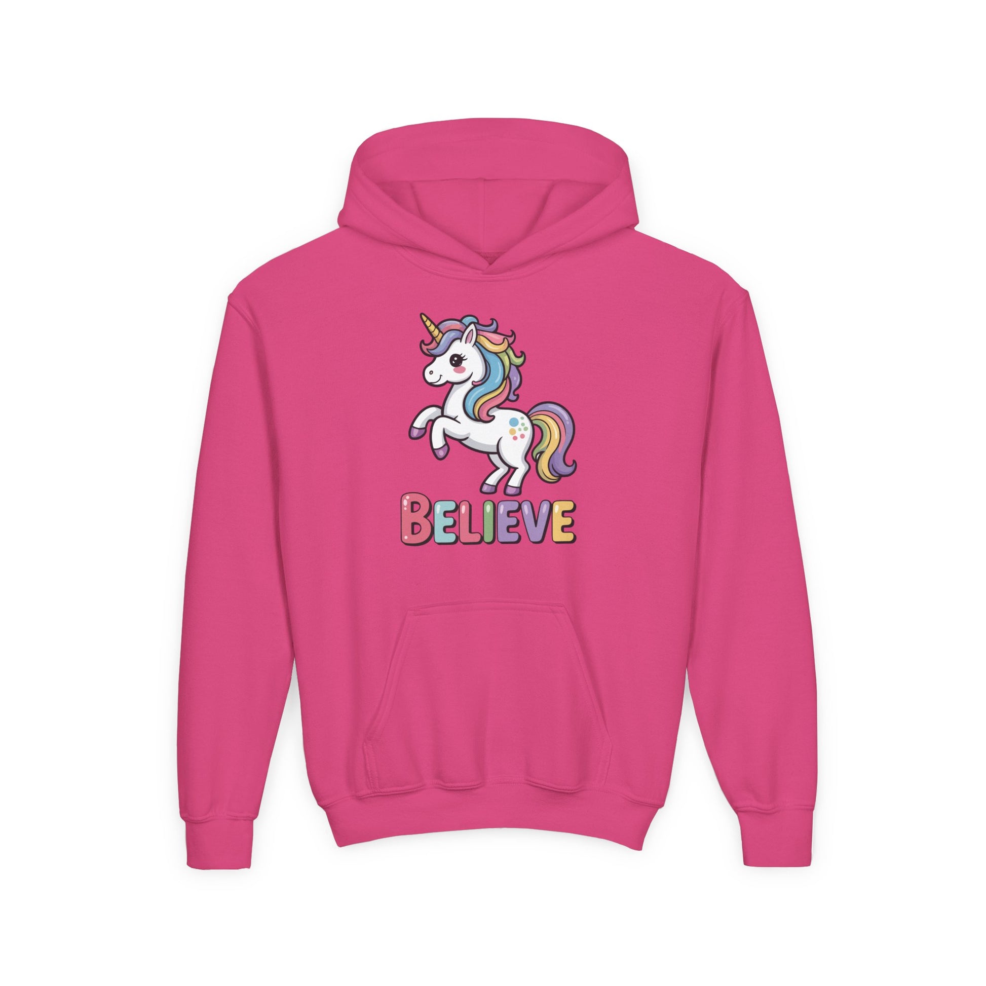 Youth Unicorn "Believe" Hoodie – Cute Rainbow Magic Kids Sweatshirt TEEZOCA