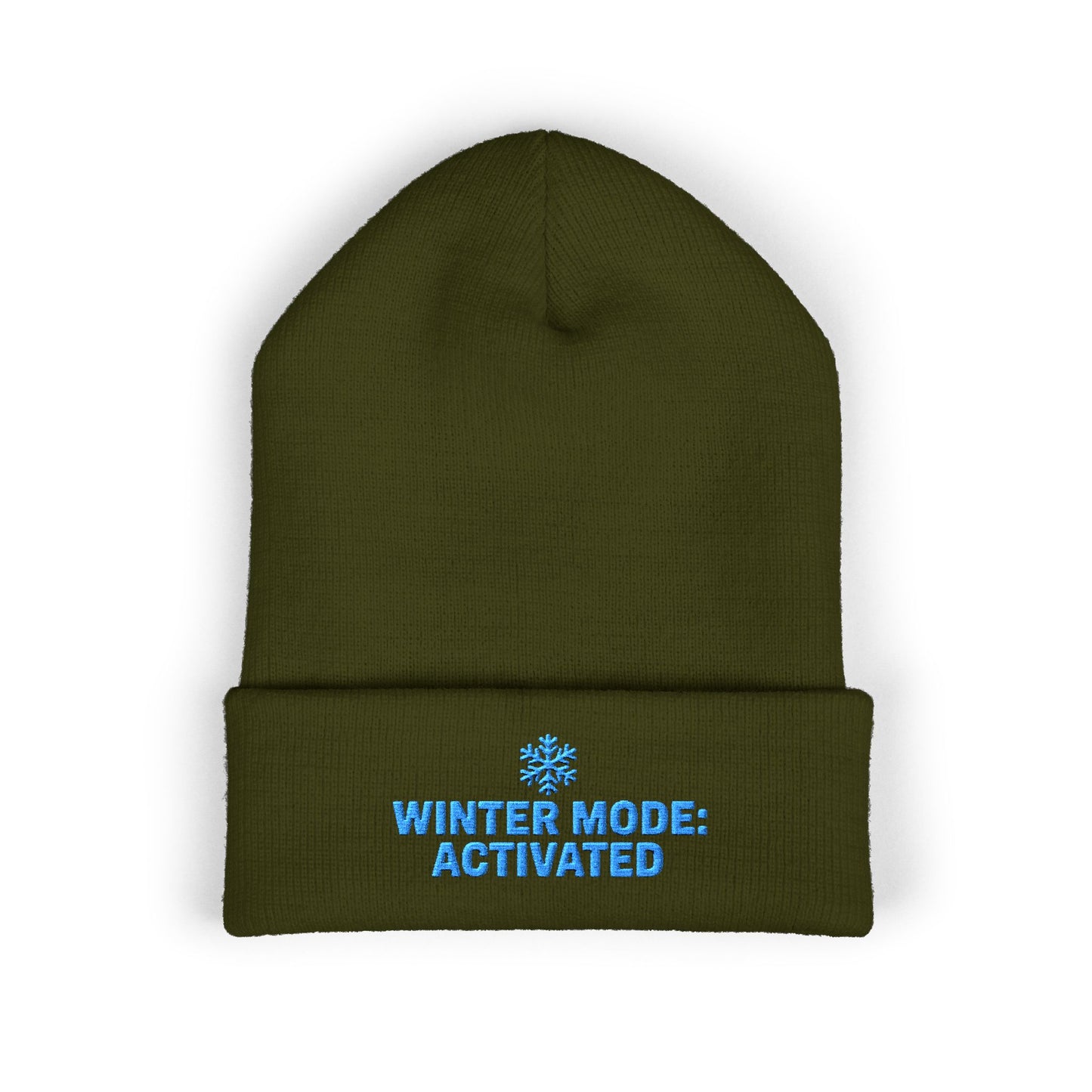 Green beanie with 'Winter Mode: Activated' text on a white background. Winter Mode Activated embroidered snowflake beanie in soft acrylic knit