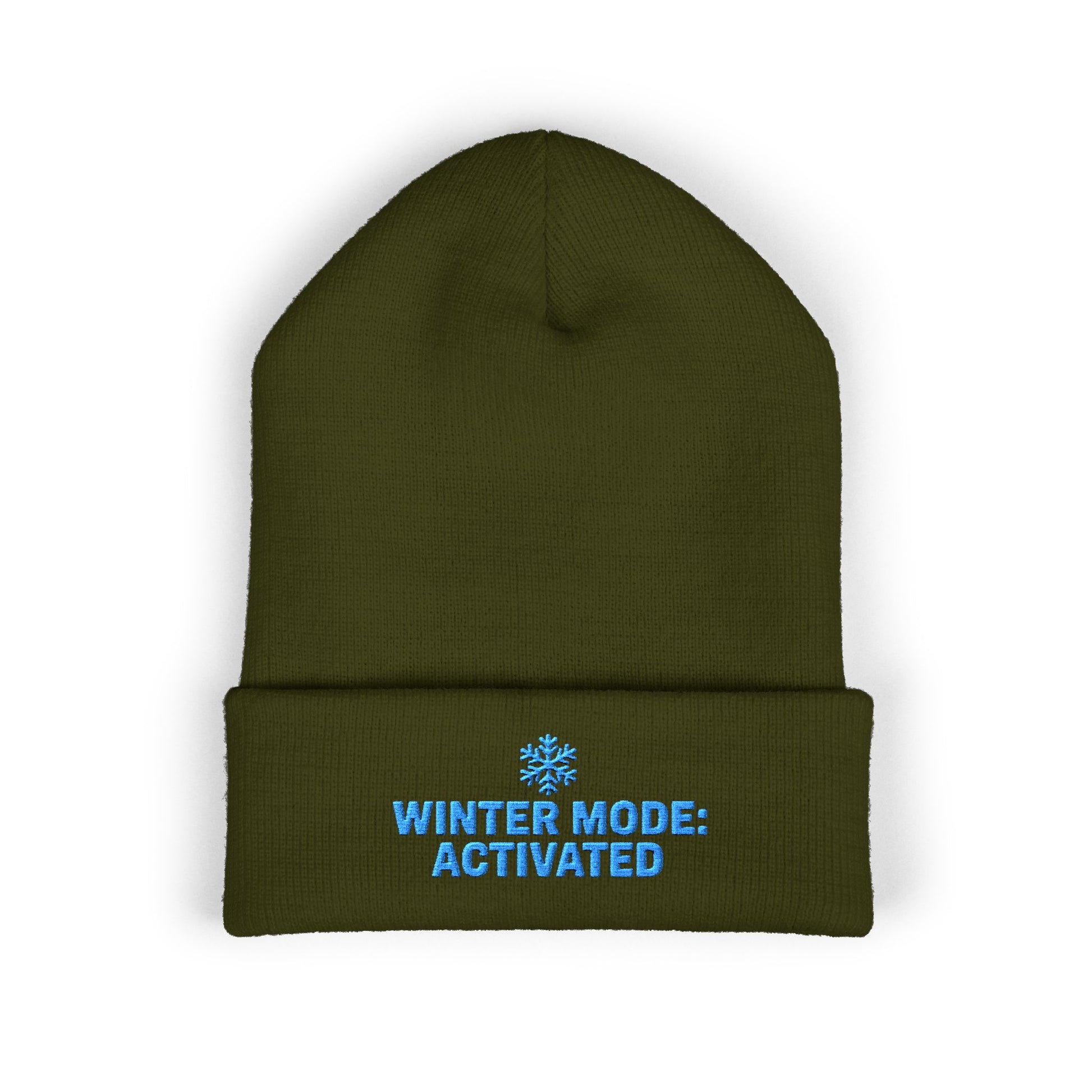 Green beanie with 'Winter Mode: Activated' text on a white background. Winter Mode Activated embroidered snowflake beanie in soft acrylic knit