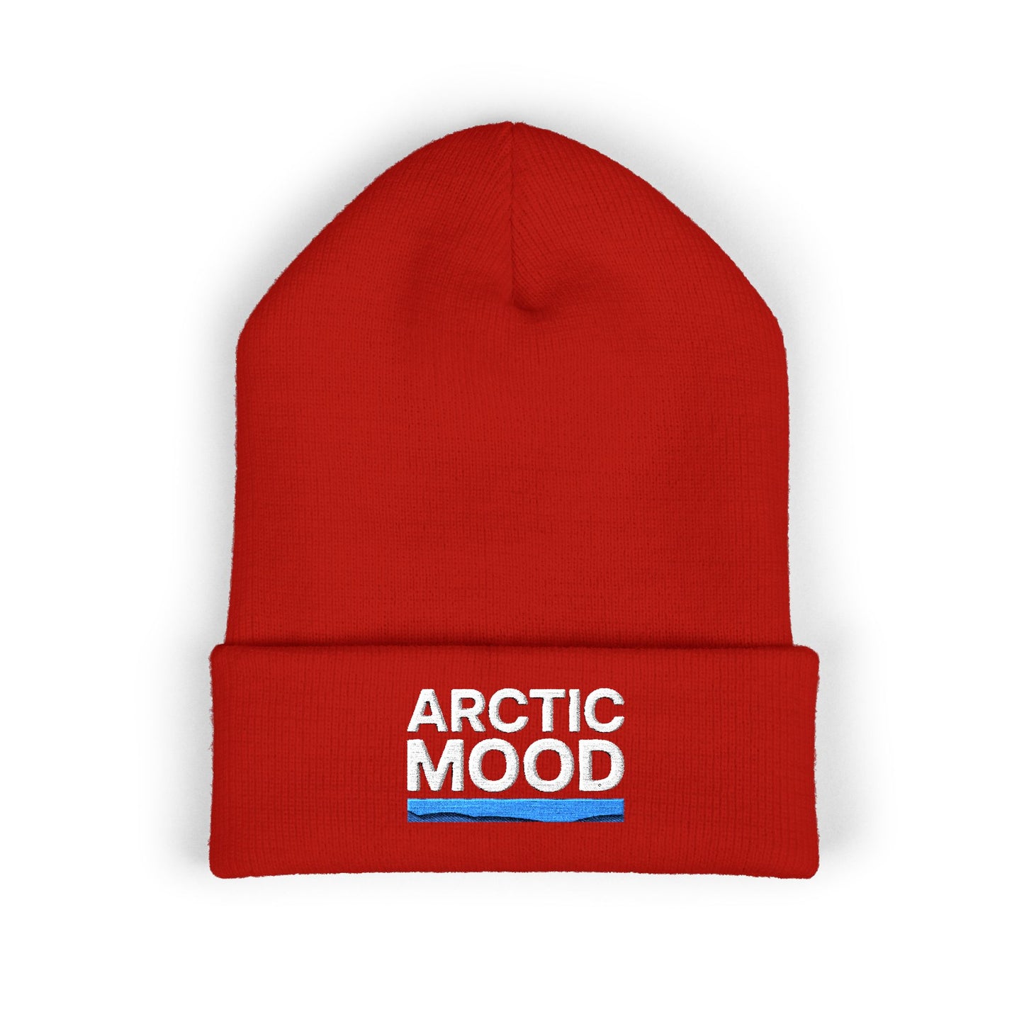 Red beanie with 'Arctic Mood' logo on a white background