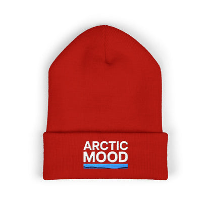 Red beanie with 'Arctic Mood' logo on a white background