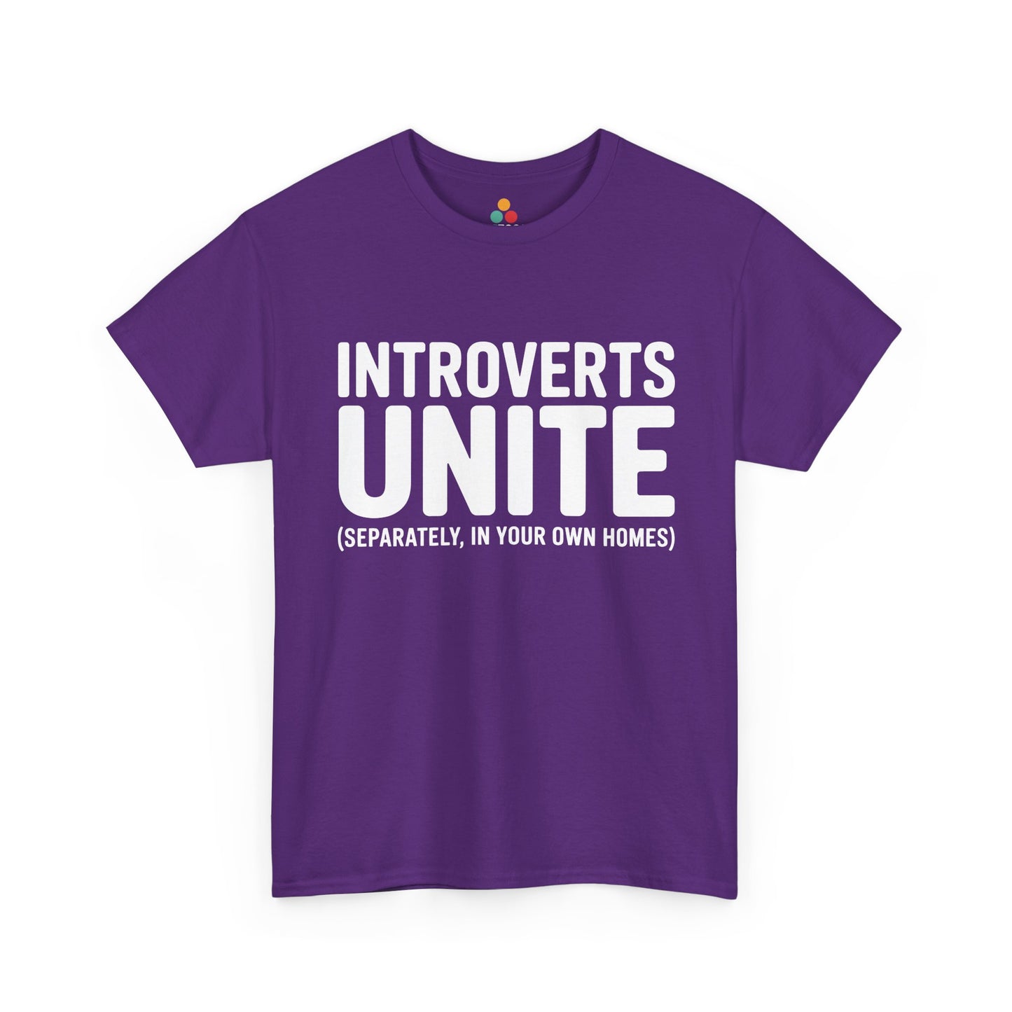 Purple t-shirt with 'INTROVERTS UNITE (SEPARATELY, IN YOUR OWN HOMES)' text on a white background | TEEZOCA
