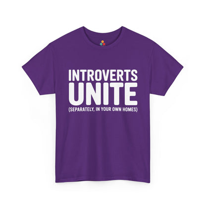 Purple t-shirt with 'INTROVERTS UNITE (SEPARATELY, IN YOUR OWN HOMES)' text on a white background | TEEZOCA