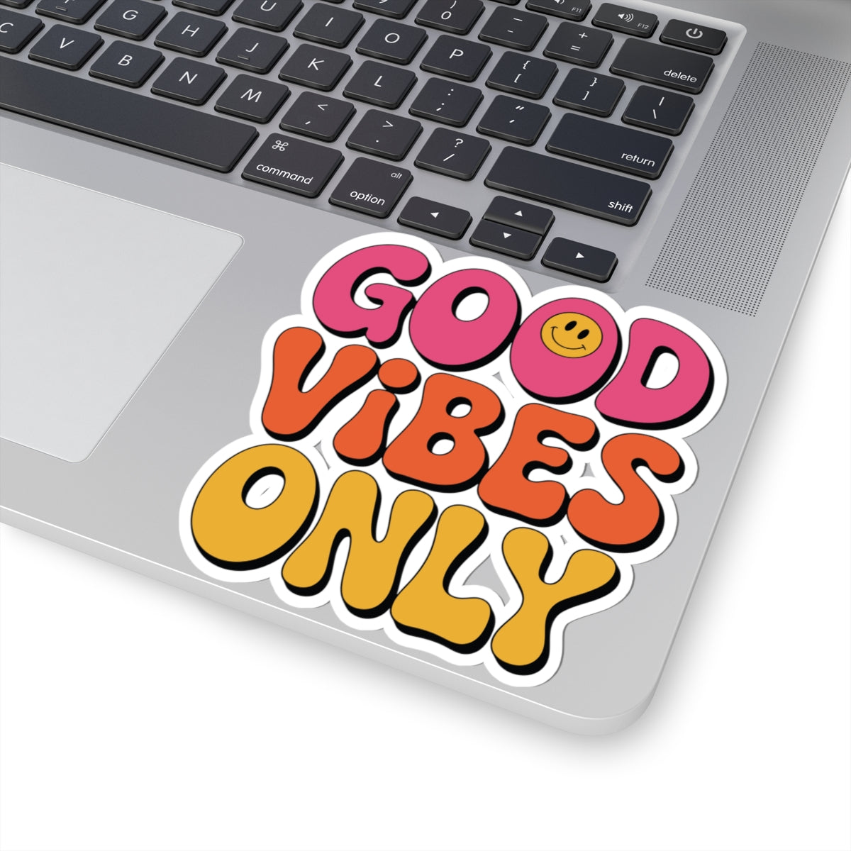 TEEZOCA good vibes only sticker with colorful retro letters and smiley face