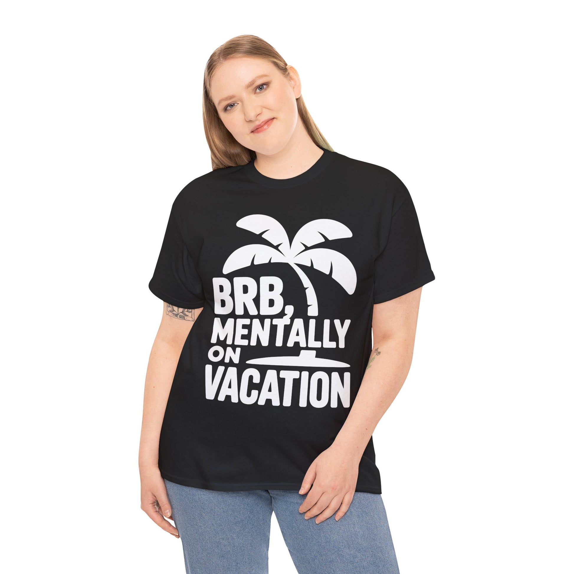 Person wearing a black t-shirt with a palm tree and text design 'BRB, Mentally on Vacation' on a white background | TEEZOCA