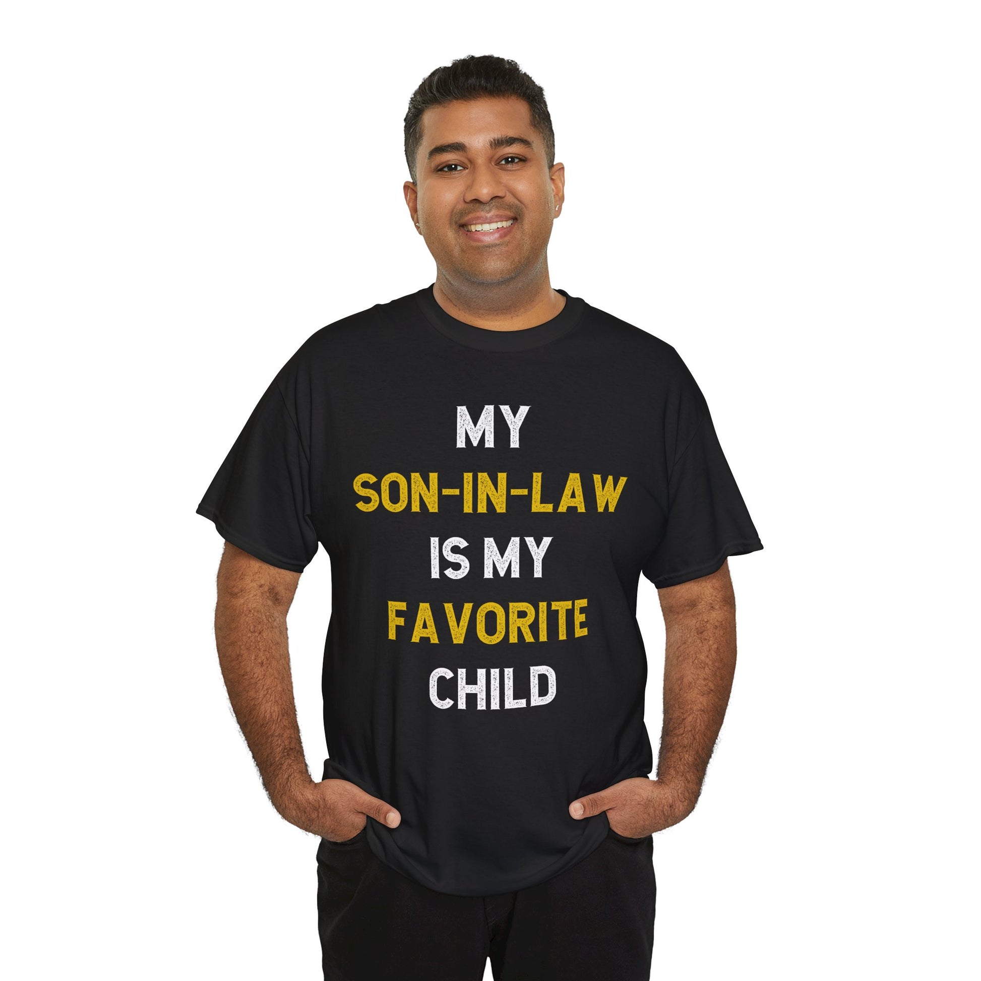 Man wearing a black TEEZOCA “My Son‑In‑Law Is My Favorite Child” humorous parents shirt.