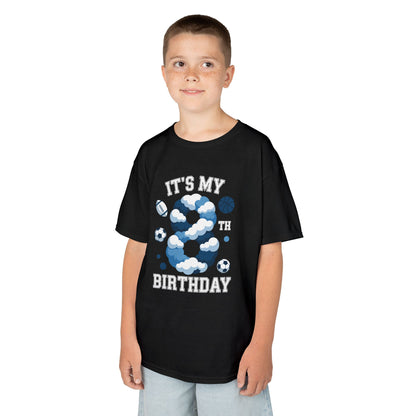 “Boy wearing black ‘It’s My 8th Birthday’ athletic tee featuring cloud‑style 8 and football and soccer balls, front view.”
