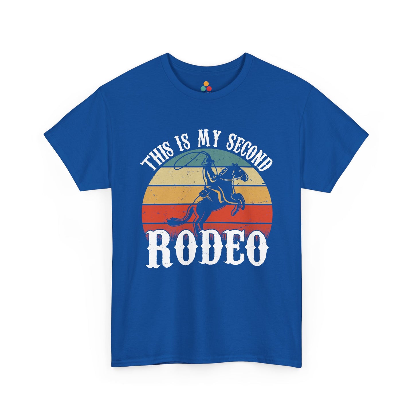 Blue t-shirt with a graphic of a horse and text 'This is my second RODEO' on a white background