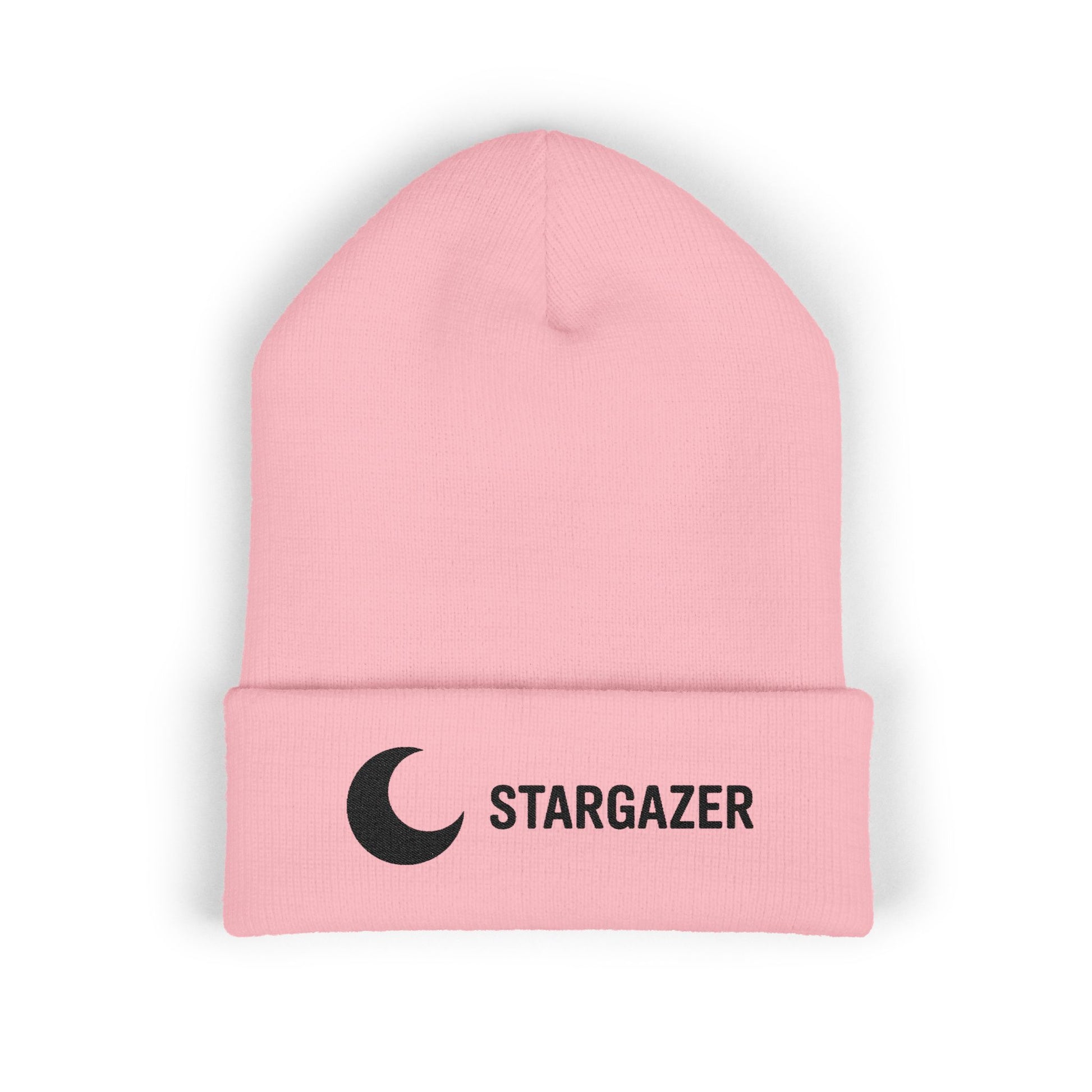 Pink beanie with 'Stargazer' logo on a white background