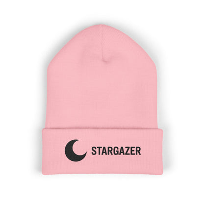 Pink beanie with 'Stargazer' logo on a white background