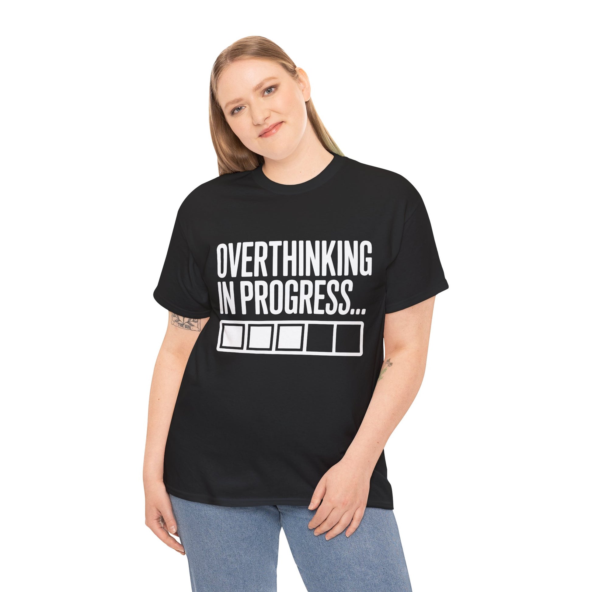 Person wearing a black t-shirt with 'Overthinking in Progress...' text on a white background | TEEZOCA