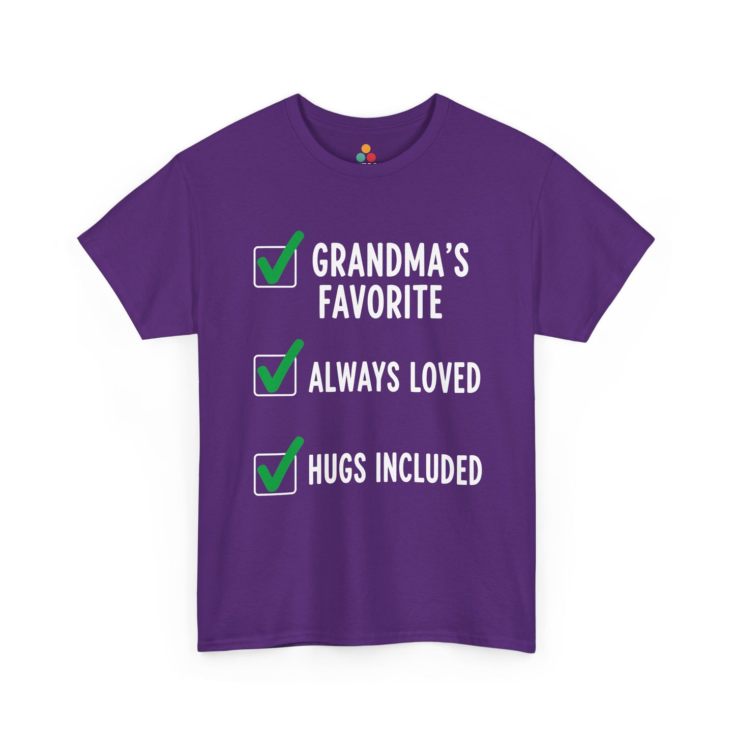 TEEZOCA purple “Grandma’s Favorite Always Loved Hugs Included” adorable grandkid t‑shirt displayed flat.