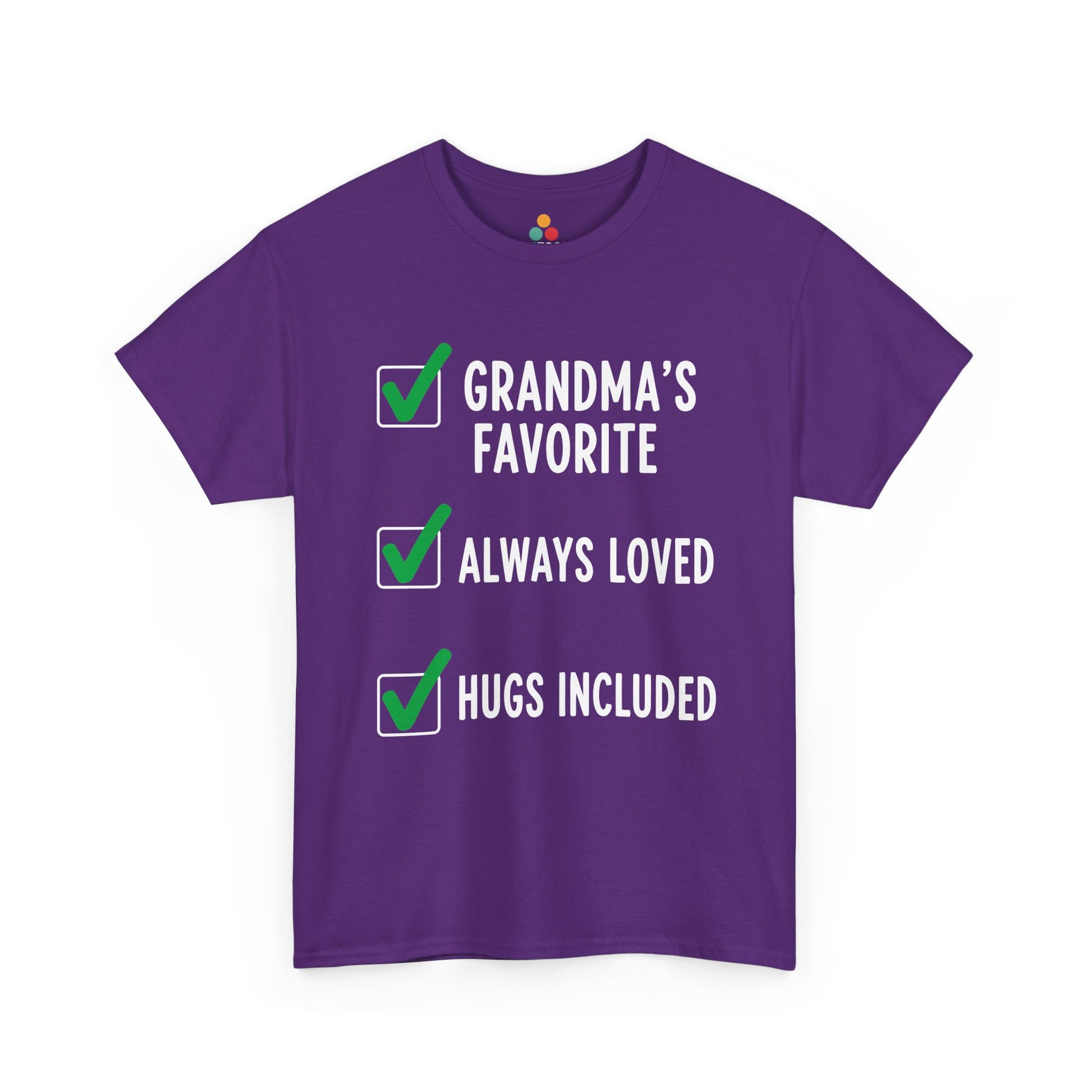 TEEZOCA purple “Grandma’s Favorite Always Loved Hugs Included” adorable grandkid t‑shirt displayed flat.