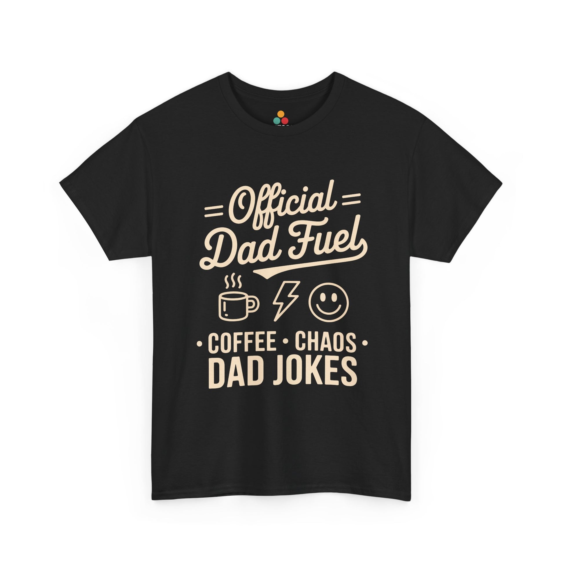 TEEZOCA black “Official Dad Fuel Coffee Chaos Dad Jokes” funny coffee dad T‑shirt shown flat.