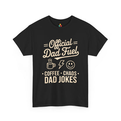 TEEZOCA black “Official Dad Fuel Coffee Chaos Dad Jokes” funny coffee dad T‑shirt shown flat.