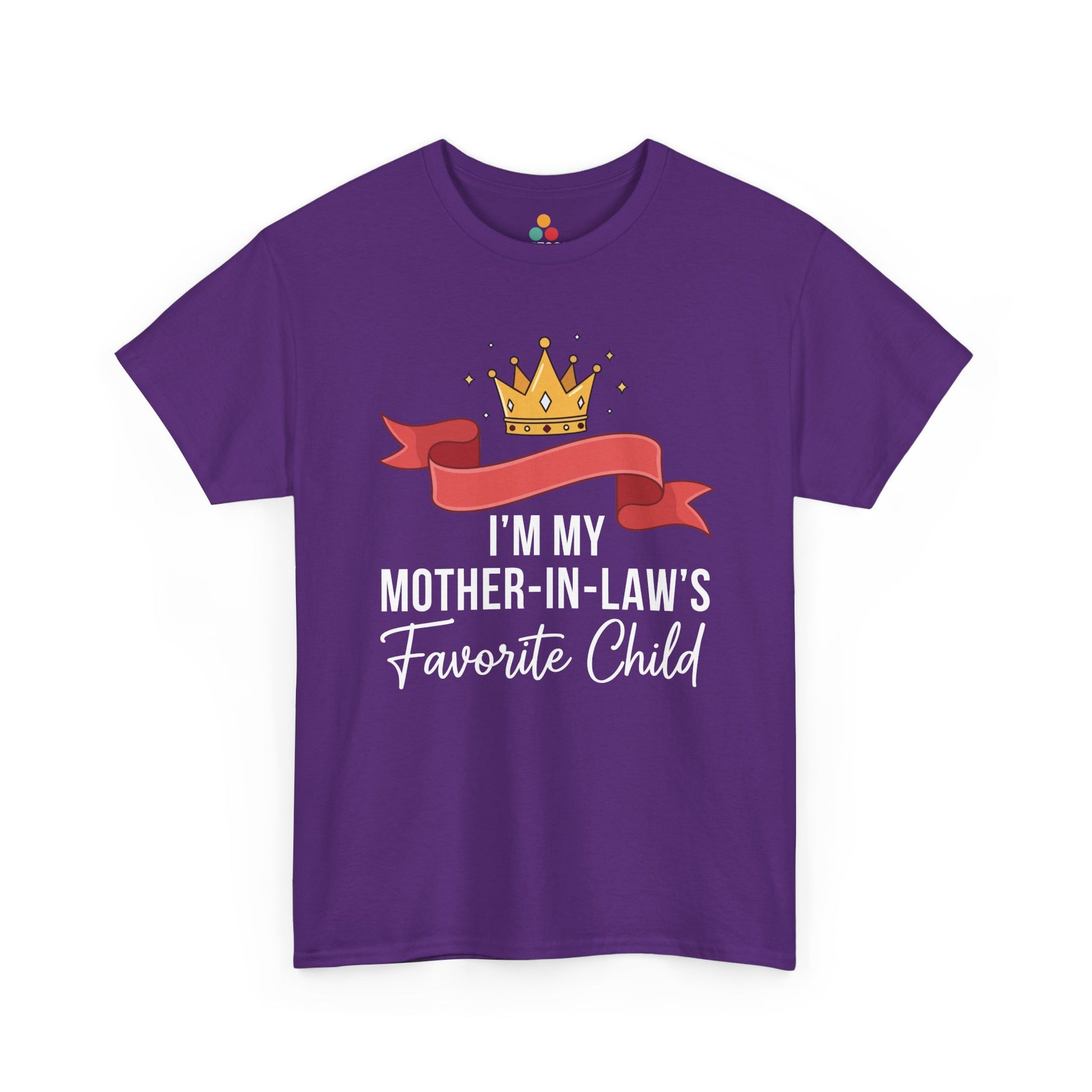 TEEZOCA purple “I’m My Mother‑in‑Law’s Favorite Child” playful in‑law gift t‑shirt displayed flat.