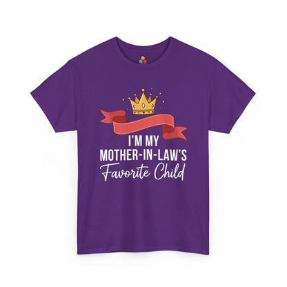 TEEZOCA purple “I’m My Mother‑in‑Law’s Favorite Child” playful in‑law gift t‑shirt displayed flat.