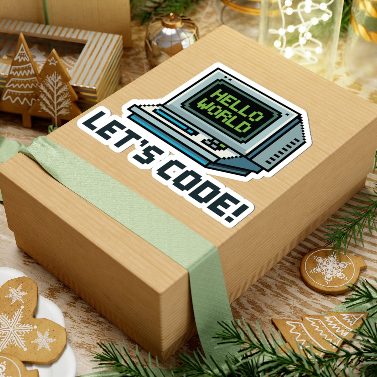 TEEZOCA coding sticker vintage PC pixel art hello world green monitor