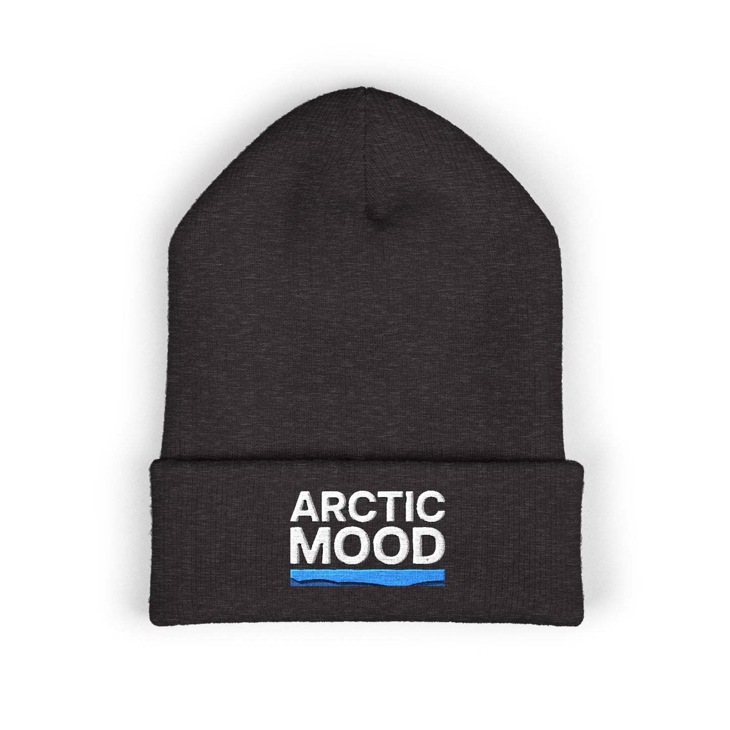 Black beanie with 'Arctic Mood' text on a white background