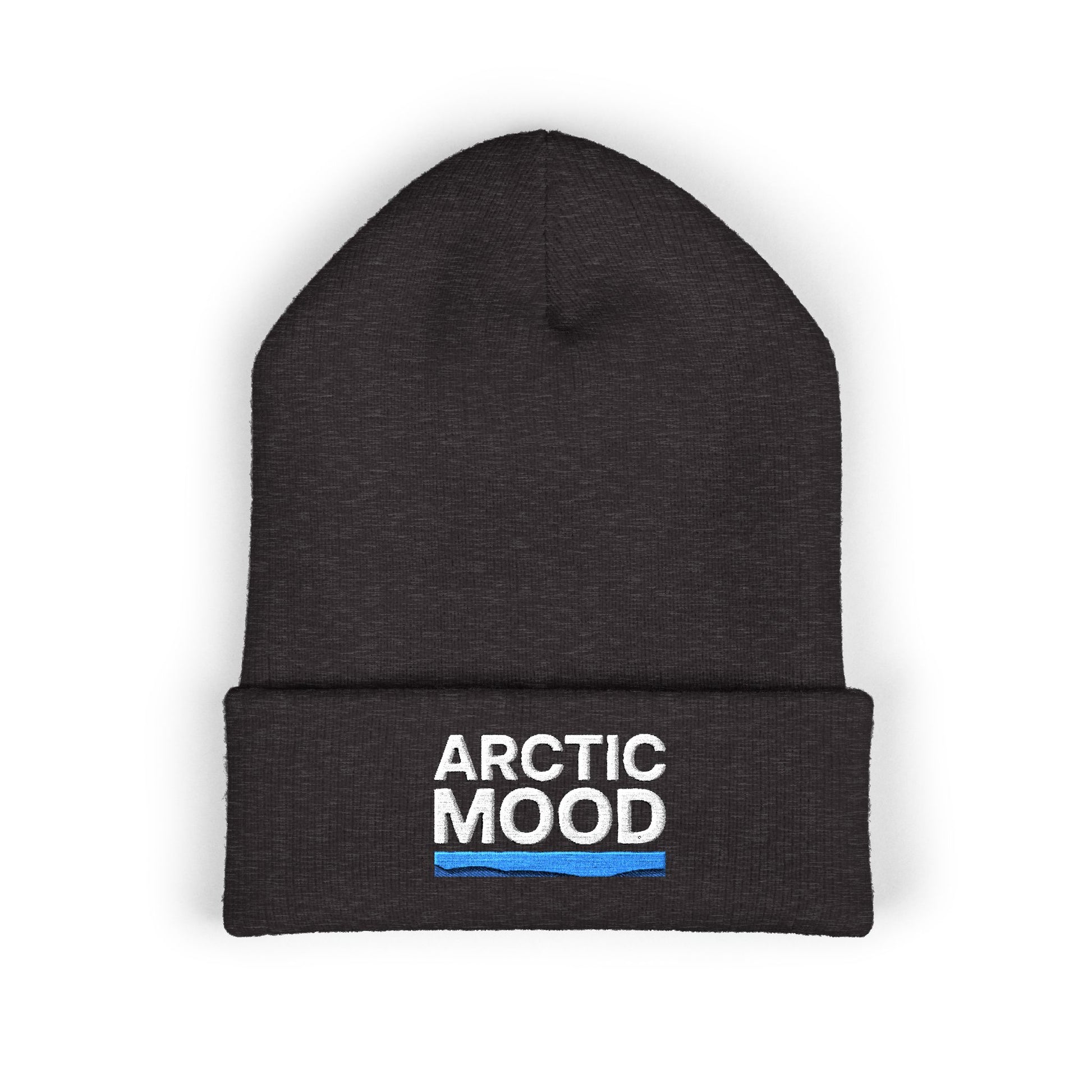 Black beanie with 'Arctic Mood' text on a white background