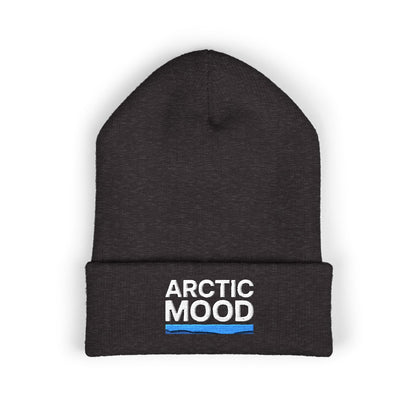 Black beanie with 'Arctic Mood' text on a white background
