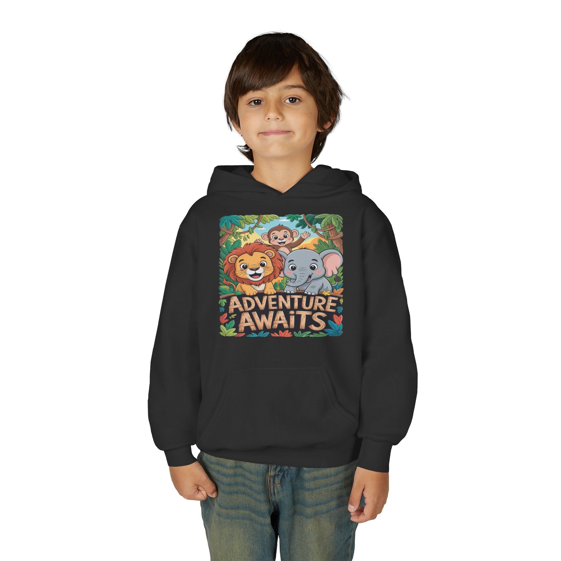 Youth hoodie with colorful safari animals and Adventure Awaits wording TEEZOCA