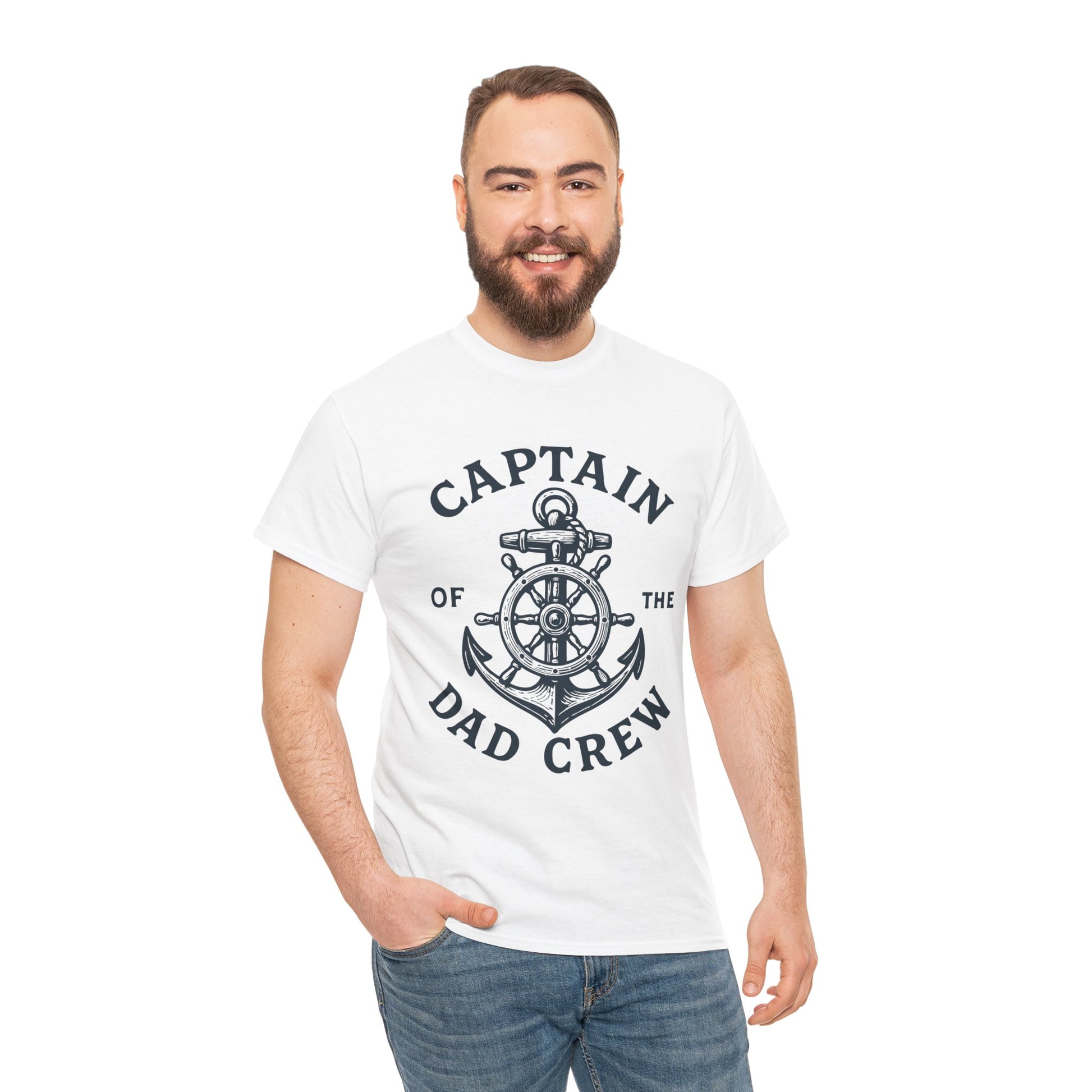 “Male model wearing Teezoca Captain of the Dad Crew nautical dad shirt, anchor and wheel line art, white unisex tee, front.”

