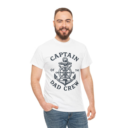 “Male model wearing Teezoca Captain of the Dad Crew nautical dad shirt, anchor and wheel line art, white unisex tee, front.”

