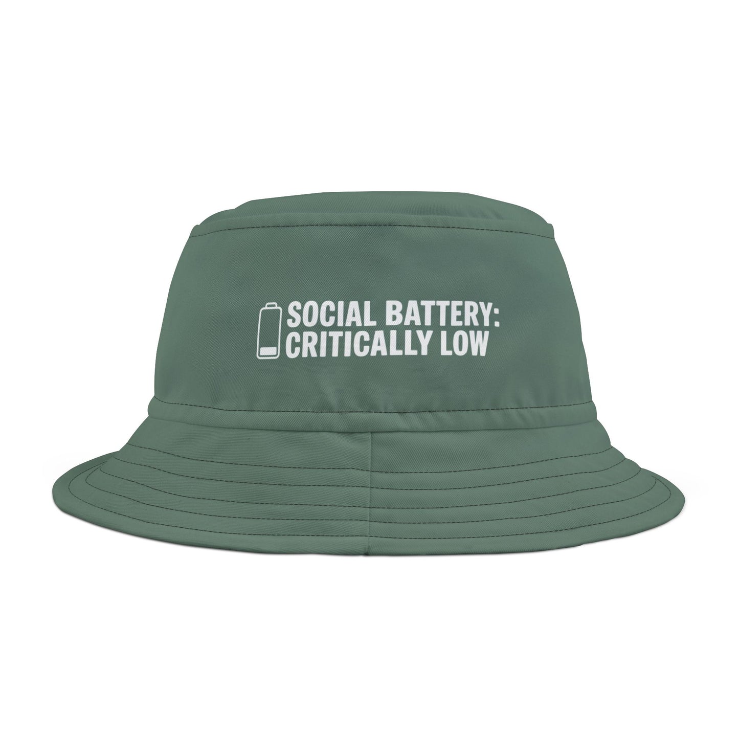 Green bucket hat with funnt text 'Social Battery: Critically Low' on a white background. TEEZOCA