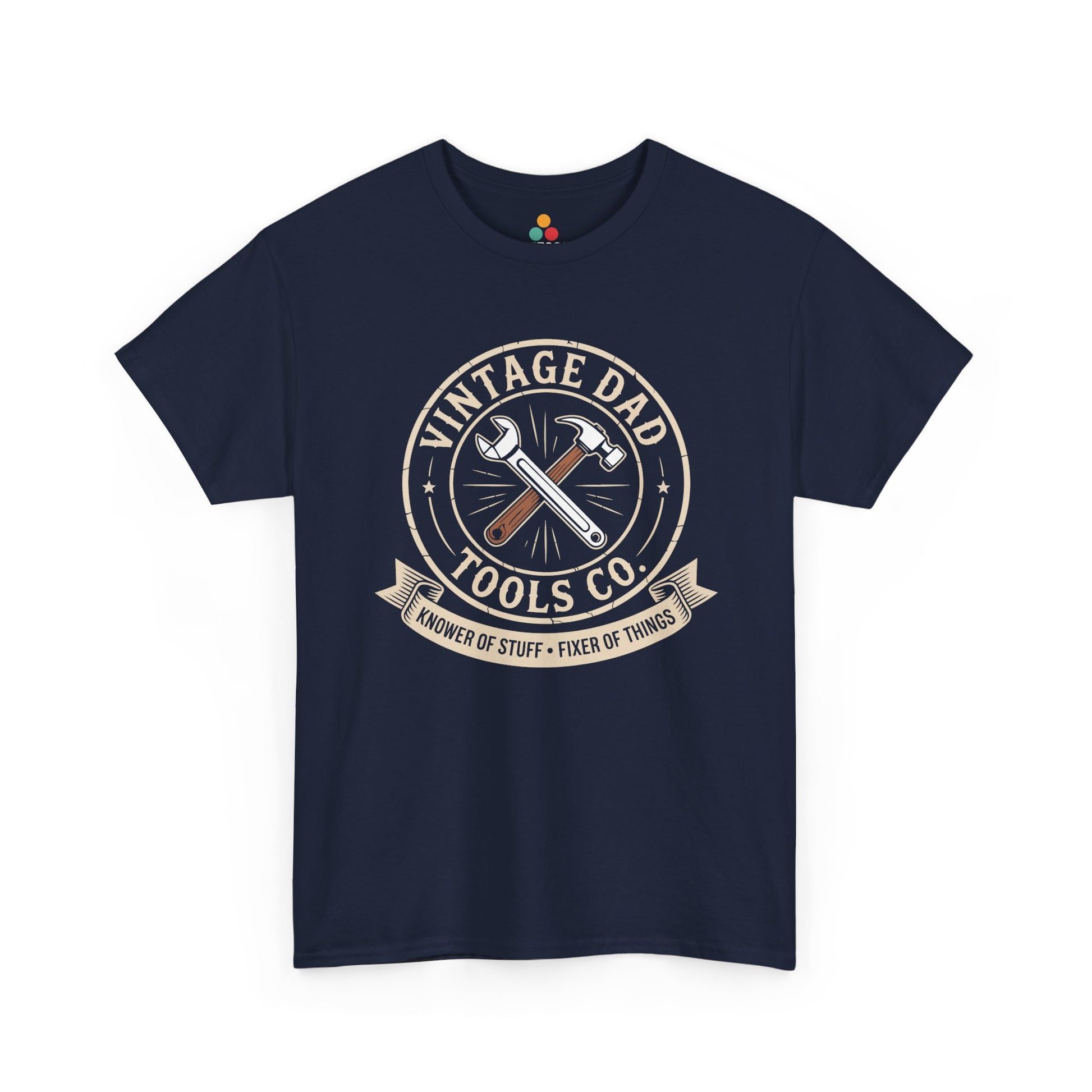 TEEZOCA navy “Vintage Dad Tools Co. Knower Of Stuff Fixer Of Things” novelty handyman dad T‑shirt displayed flat.