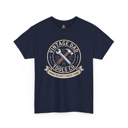 TEEZOCA navy “Vintage Dad Tools Co. Knower Of Stuff Fixer Of Things” novelty handyman dad T‑shirt displayed flat.