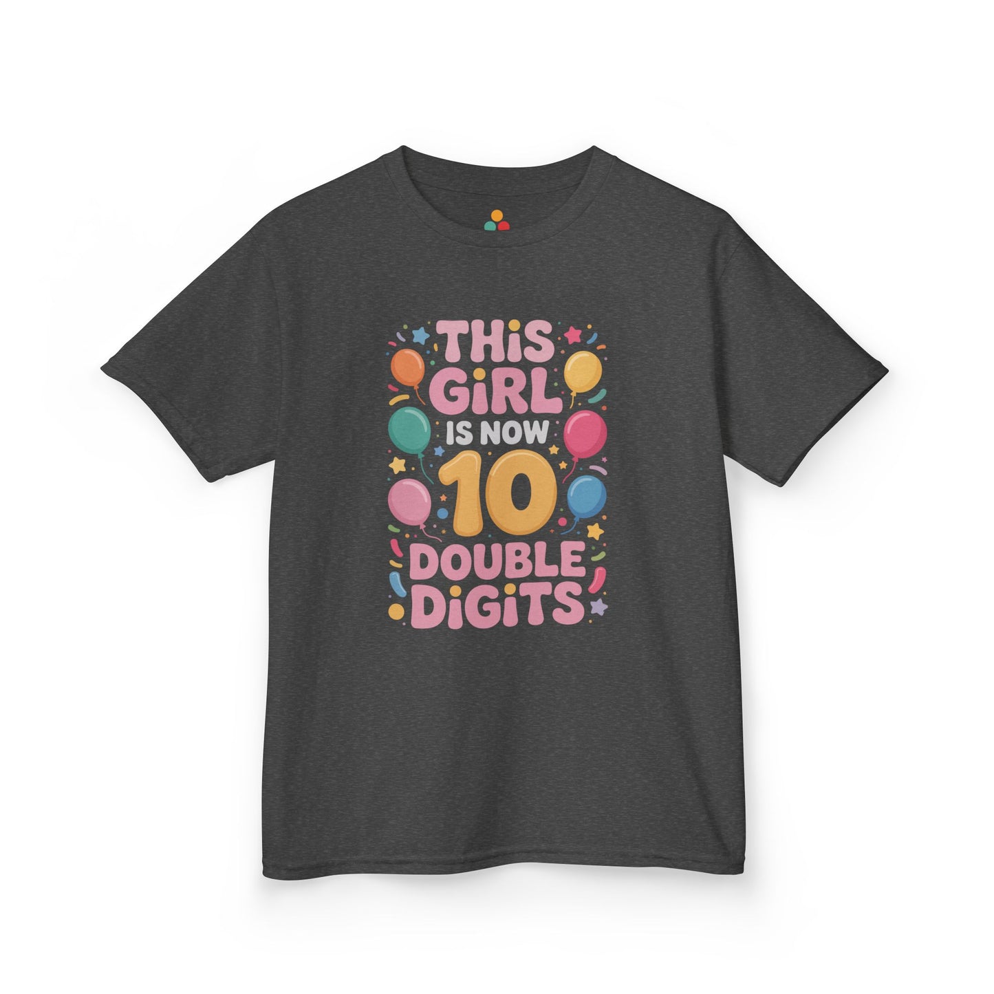 “Charcoal gray ‘This Girl Is Now 10 Double Digits’ shirt, yellow 10 with pink text and balloons, girls 10th birthday tee, front view.”

