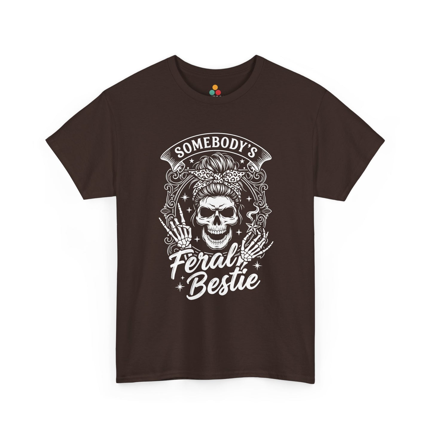 Somebody's Feral Bestie T-Shirt – Edgy Skeleton Messy Bun Graphic Tee | TEEZOCA 