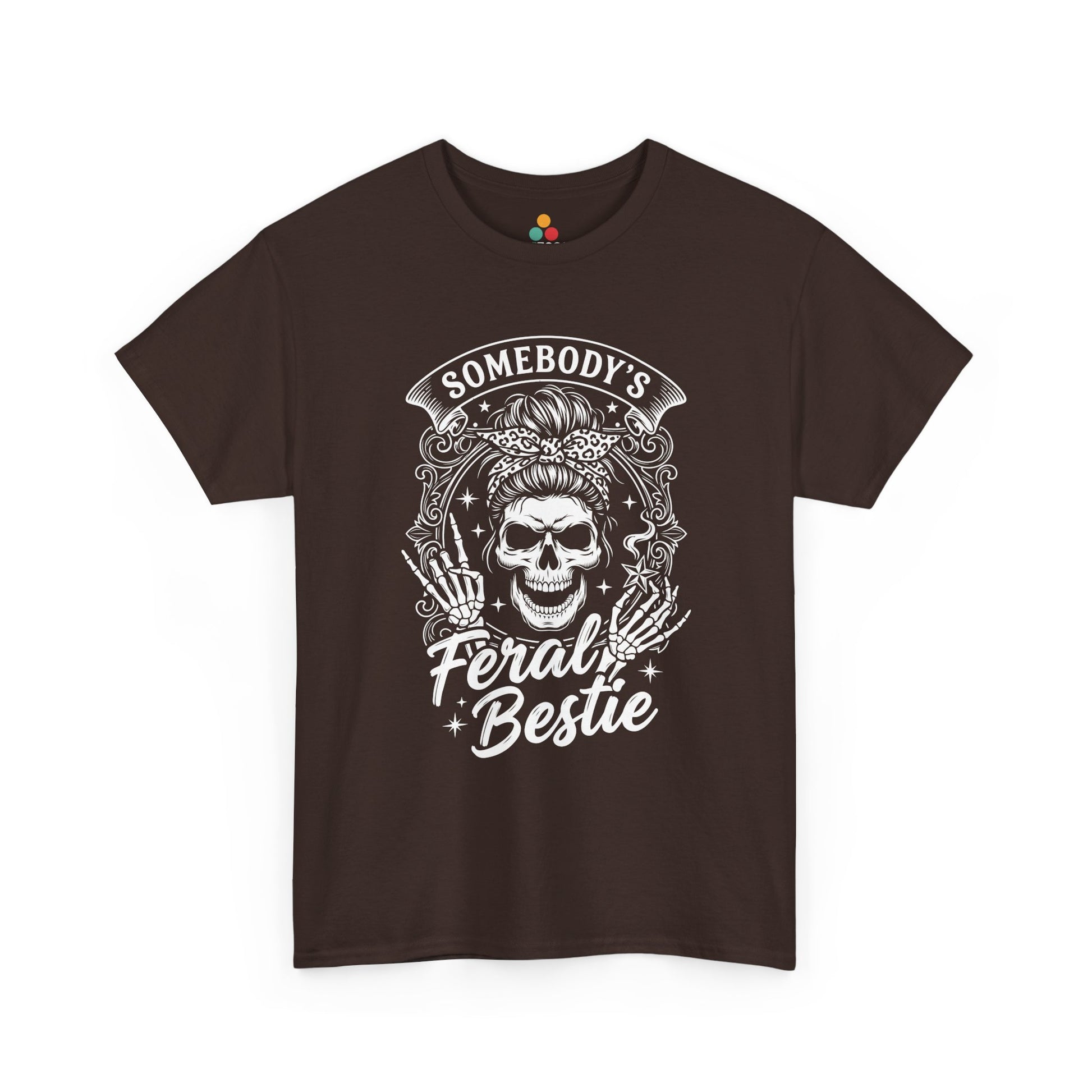 Somebody's Feral Bestie T-Shirt – Edgy Skeleton Messy Bun Graphic Tee | TEEZOCA 