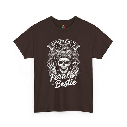 Somebody's Feral Bestie T-Shirt – Edgy Skeleton Messy Bun Graphic Tee | TEEZOCA 