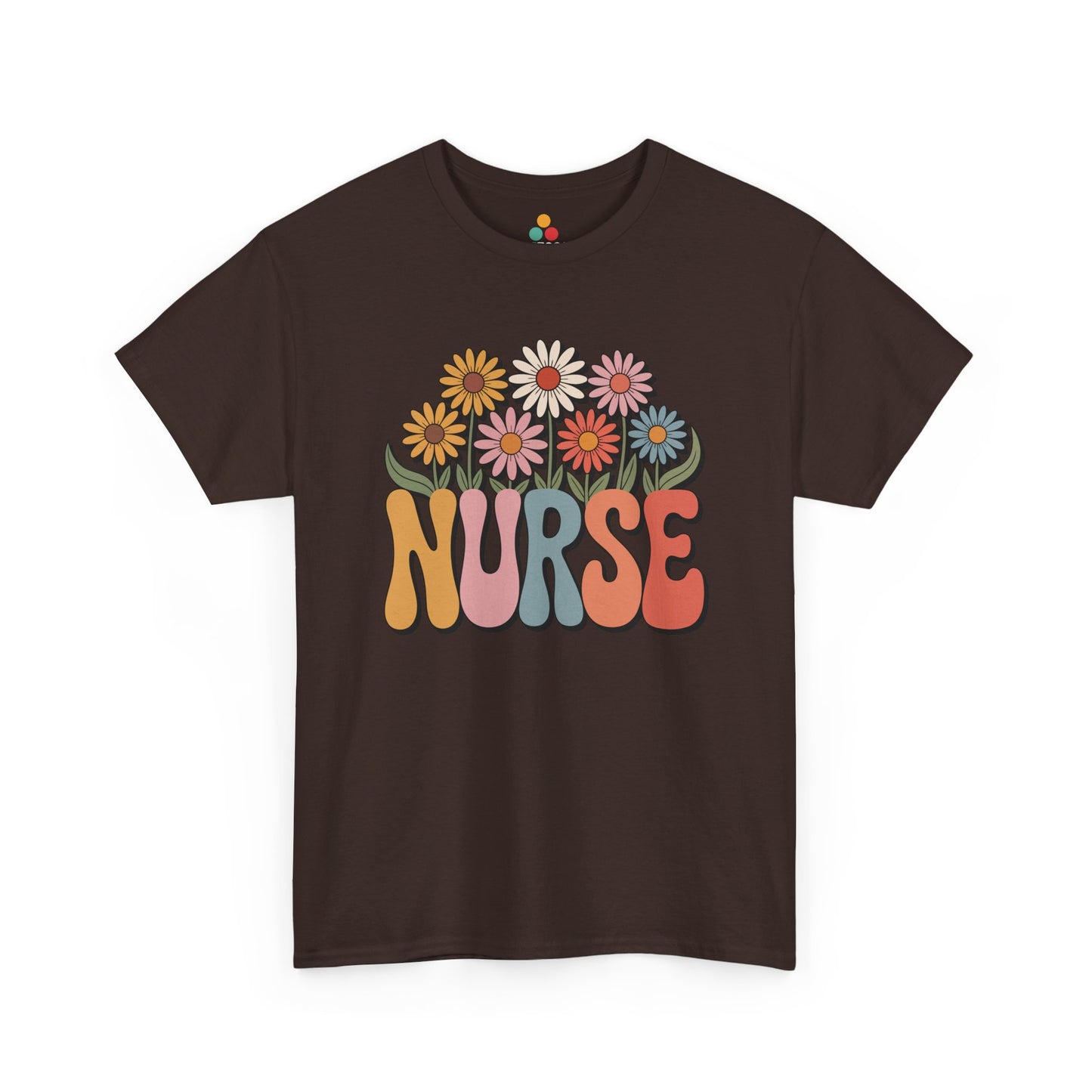 Brown t-shirt with colorful floral design and 'NURSE' text on a white background