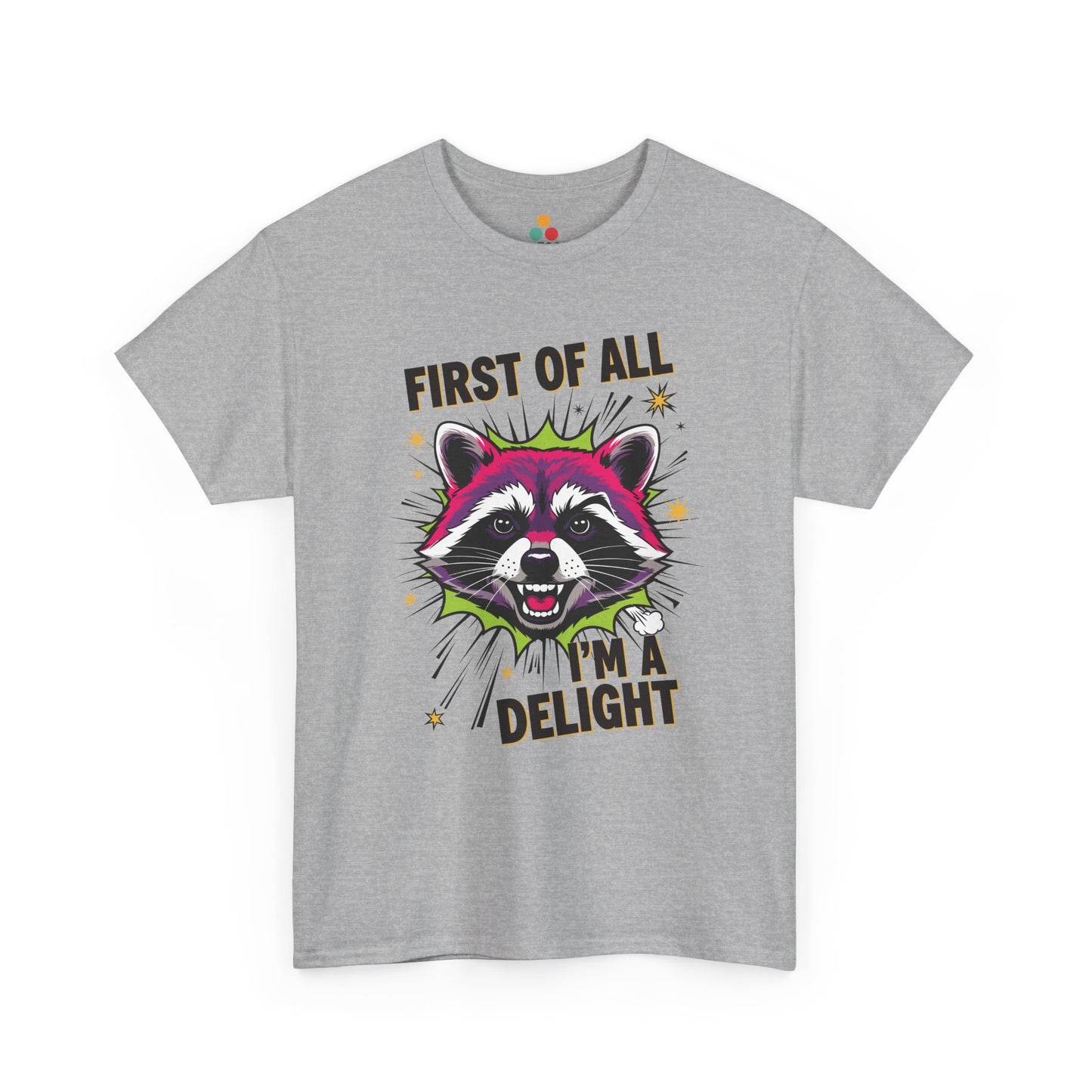TEEZOCA gray “First Of All I’m A Delight” quirky animal tee shown flat.